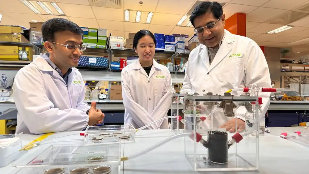 Image: (From left to right) Dr Omkar Kulkarni, currently a research scientist at the L’Oréal – SCELSE joint lab; Samantha Phua, PhD student at NUS and SCELSE; and Assoc Prof Sanjay Swarup, Principal Investigator at the Research Centre on Sustainable Urban Farming (SUrF) under the NUS Faculty of Science and Deputy Research Director at SCELSE. Credit: SCELSE
