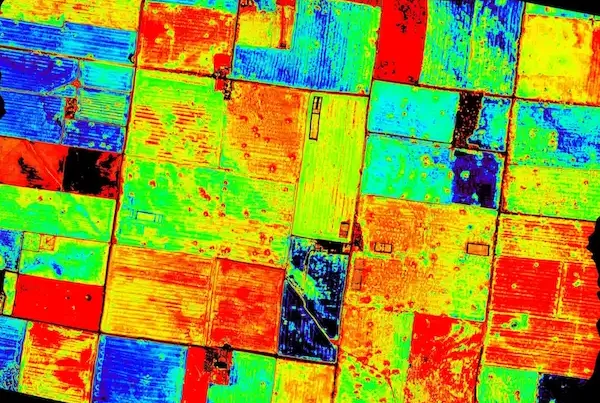 Image: Aerial hyperspectral image showing the condition of wheat crops in Victoria, gathered by the University of Melbourne’s aircraft. Credit: HyperSens Laboratory.