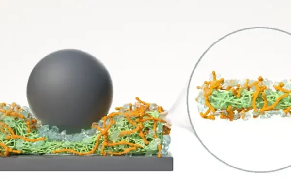 Image: Schematic illustration of hydration lubrication. The green mesh represents the potato protein-based protofilaments (PoPF) partially coated by orange-coloured filaments connected to each other representing the xanthan-based hydrogels (XGH) where the naked part of PoPF (i.e., uncoated by XGH) interacts with the tribo-contact surfaces shown as grey-coloured ball and the rectangular slab. The hydration lubrication mechanism is shown schematically by the transparent water-like spheres attached to the XGH. Credit: University of Leeds