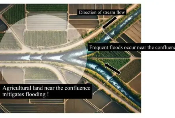 Image: Agricultural land near river confluences can help soak up water and slow down the advance of flooding during extreme weather events. Credit: Tokyo Metropolitan University